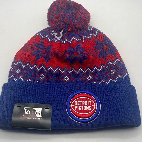 New‎ Era NBA Detroit Pistons Snow burst Pom Cuffed Knit Mens warm Beanie NWT - Picture 1 of 5
